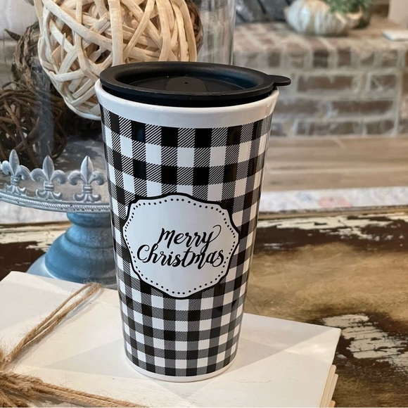 MERRY Christmas Black & White Buffalo Check Ceramic Travel Mug With Lid - Picture 2 of 4